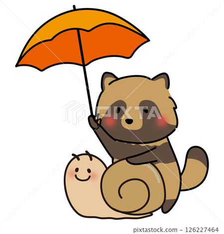 A raccoon dog holding an umbrella over a large snail A raccoon dog holding an umbrella over a large snail 126227464