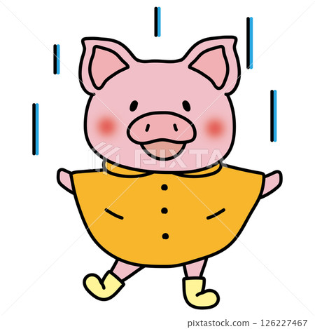 一隻穿著雨衣的豬正在享受雨水 126227467