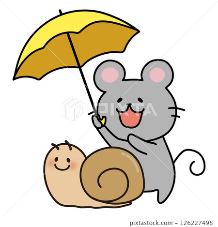 A mouse holds an umbrella over a giant snail A mouse holds an umbrella over a giant snail 126227498
