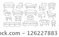 Home furniture icons. Cozy living room interior with sofa armchair couch doodle style, line sketch of apartment or office furniture decor. Vector isolated set 126227883