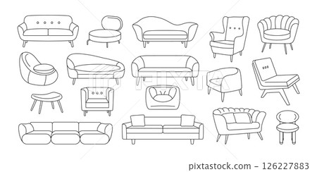Home furniture icons. Cozy living room interior with sofa armchair couch doodle style, line sketch of apartment or office furniture decor. Vector isolated set Home furniture icons. Cozy living room interior with sofa armchair couch doodle style, line sketch of apartment or office furniture decor. Vector isolated set 126227883