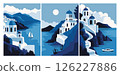 Greek Santorini posters. Abstract Greek landscape traditional white architecture of Mediterranean island flat minimalistic style, travel to Greece brochure cover design. Vector set 126227886