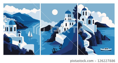 Greek Santorini posters. Abstract Greek landscape traditional white architecture of Mediterranean island flat minimalistic style, travel to Greece brochure cover design. Vector set 126227886