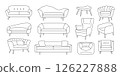 Doodle home furniture icons. Hand drawn sofa couch chair sketches, line living room interior furniture elements, outline decorative divan cushion armchair. Vector furniture set 126227888