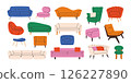 Modern home furniture. Cozy sofas, chairs, armchairs, ottomans, and couches with cushions, living room interior with stylish upholstered seats cartoon flat style. Vector set 126227890