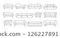 Sofa line icons. Modern outline couch pictograms, vintage contemporary living room furniture with cushions, cozy minimalistic stroke style. Vector divan set 126227891