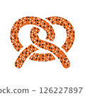 Fresh baked pretzel. Twisted german bakery snack, crispy pastry traditional bavarian food with sesame seeds, delicious appetizer flat cartoon style. Vector isolated illustration 126227897