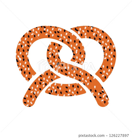 Fresh baked pretzel. Twisted german bakery snack, crispy pastry traditional bavarian food with sesame seeds, delicious appetizer flat cartoon style. Vector isolated illustration 126227897