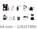 Coffee shop elements. Cartoon coffee machine, cup, pot and grinder, hand drawn equipment for making coffee beverage, cafe menu design. Vector isolated set 126227900