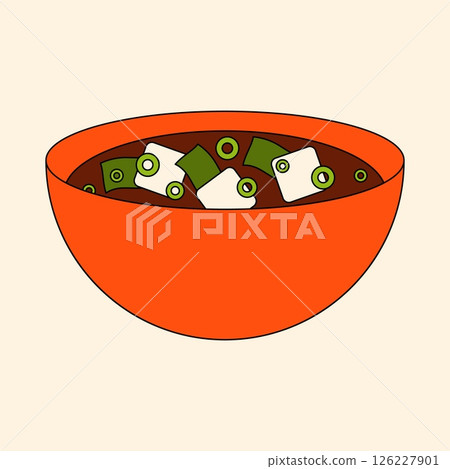 Miso soup. Japanese traditional soup food with tofu seaweed and green onion, cartoon bowl with hot organic meal asian cuisine, restaurant menu dish. Vector isolated illustration Miso soup. Japanese traditional soup food with tofu seaweed and green onion, cartoon bowl with hot organic meal asian cuisine, restaurant menu dish. Vector isolated illustration 126227901