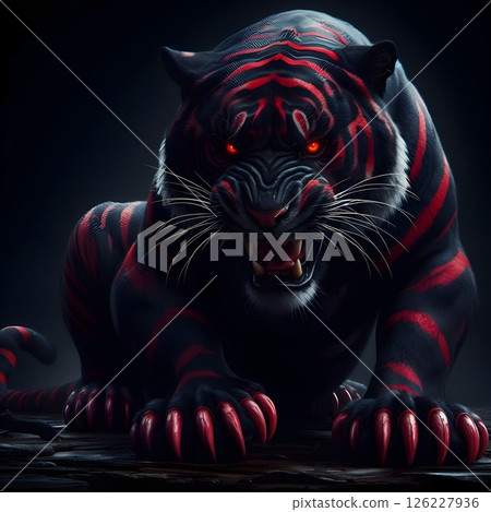 Black-Red skinned tiger in threatening posture. 126227936