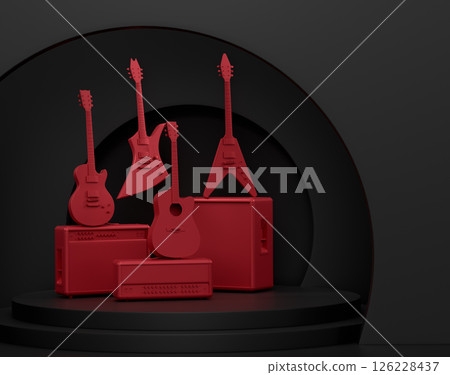 Acoustic guitars and drums with cymbals on podium on monochrome background. Acoustic guitars and drums with cymbals on podium on monochrome background. 126228437
