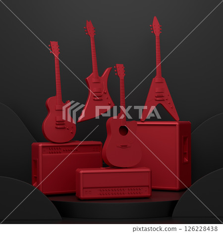 Acoustic guitars and drums with cymbals on podium on monochrome background. Acoustic guitars and drums with cymbals on podium on monochrome background. 126228438