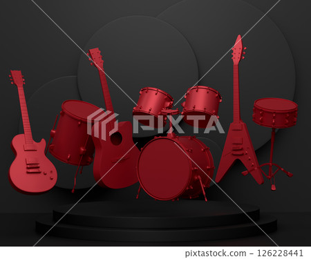 Acoustic guitars and drums with cymbals on podium on monochrome background. 126228441