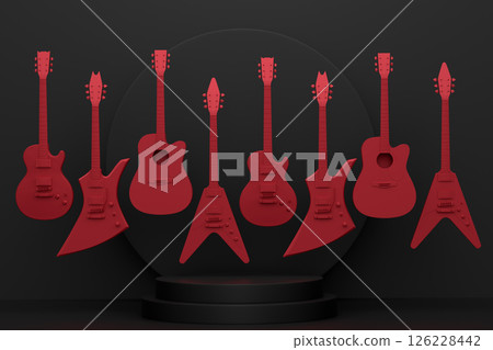Acoustic guitars and drums with cymbals on podium on monochrome background. 126228442