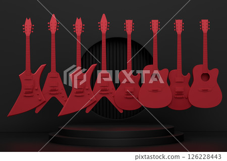 Acoustic guitars and drums with cymbals on podium on monochrome background. Acoustic guitars and drums with cymbals on podium on monochrome background. 126228443