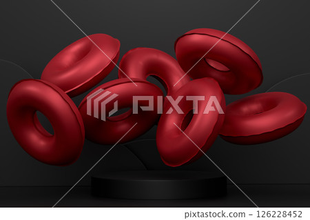 Inflatable rings and beach ball on podium on monochrome background. Inflatable rings and beach ball on podium on monochrome background. 126228452