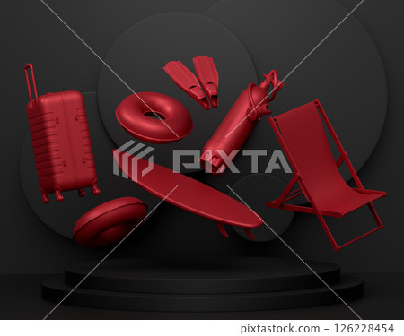 Luggage with beach accessories on podium on monochrome background. 126228454