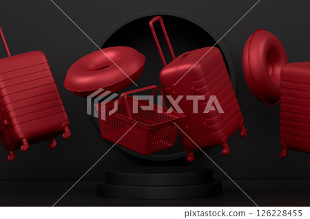 Luggage with beach accessories on podium on monochrome background. Luggage with beach accessories on podium on monochrome background. 126228455