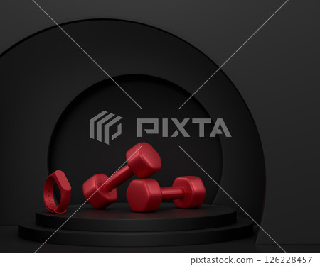 Sport equipment for fitness on podium on monochrome background. 126228457