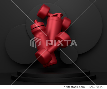 Sport equipment for fitness on podium on monochrome background. Sport equipment for fitness on podium on monochrome background. 126228459