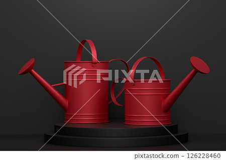 Garden equipment and supply on podium on monochrome background. 126228460