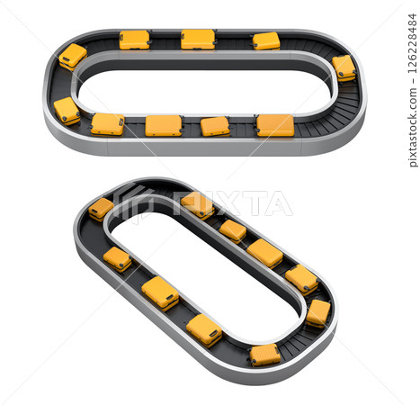 Set of Airport luggage conveyor belt or baggage claim area with suitcases on white. 126228484