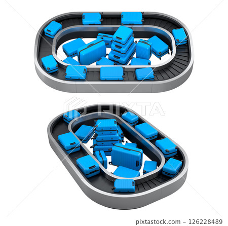 Set of Airport luggage conveyor belt or baggage claim area with suitcases on white. 126228489