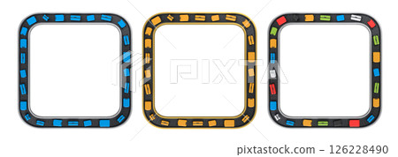 Set of Airport luggage conveyor belt or baggage claim area with suitcases on white. 126228490