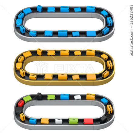 Set of Airport luggage conveyor belt or baggage claim area with suitcases on white. 126228492