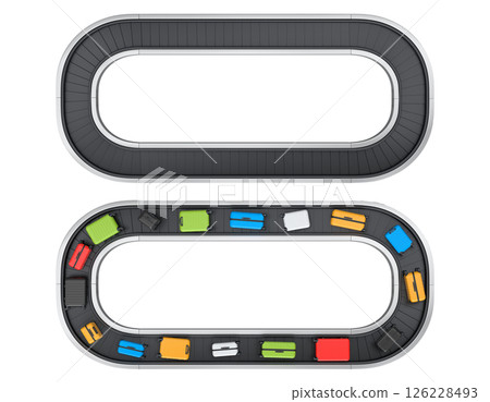 Set of Airport luggage conveyor belt or baggage claim area with suitcases on white. 126228493