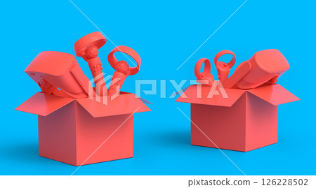 Set of virtual reality glasses and controllers in cardboard box on monochrome 126228502