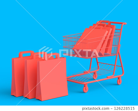 Shopping cart or trolley for groceries with kraft paper bag on monochrome Shopping cart or trolley for groceries with kraft paper bag on monochrome 126228515