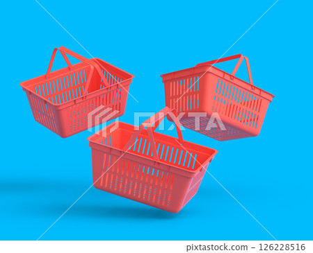 Set of flying plastic basket from supermarket for online shopping on monochrome Set of flying plastic basket from supermarket for online shopping on monochrome 126228516