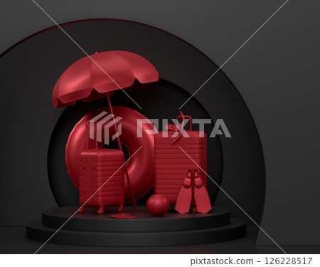 Beach rings, chair, umbrellas and lugagge on podium on monochrome background. Beach rings, chair, umbrellas and lugagge on podium on monochrome background. 126228517