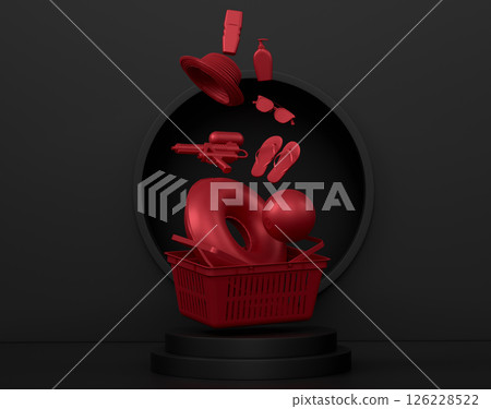 Beach accessories like flip flops, umbrella and hat on podium on monochrome Beach accessories like flip flops, umbrella and hat on podium on monochrome 126228522