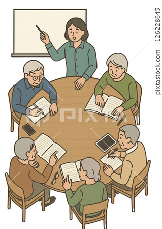Senior generation study group, exchange of opinions, white background illustration, AI generated Senior generation study group, exchange of opinions, white background illustration, AI generated 126228645