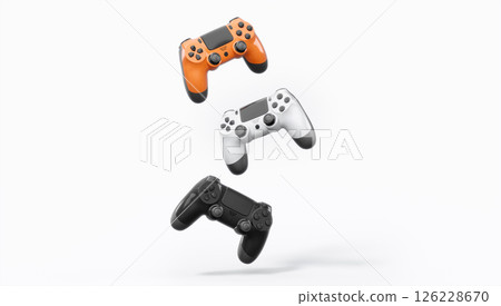 Realistic colorful video game joysticks or gamepads with color buttons on white Realistic colorful video game joysticks or gamepads with color buttons on white 126228670