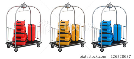 Set of Regular suitcase on hotel trolley cart for carrying baggage on white background 126228687