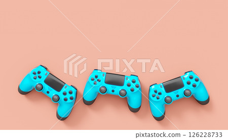Realistic blue video game joysticks or gamepads on pink background Realistic blue video game joysticks or gamepads on pink background 126228733