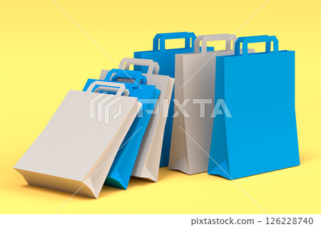 Shopping plastic basket for groceries with kraft paper bag on yellow background. Shopping plastic basket for groceries with kraft paper bag on yellow background. 126228740