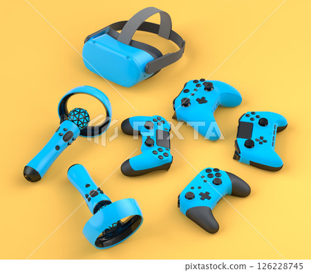 Top view virtual reality glasses and controllers for online gaming on yellow Top view virtual reality glasses and controllers for online gaming on yellow 126228745