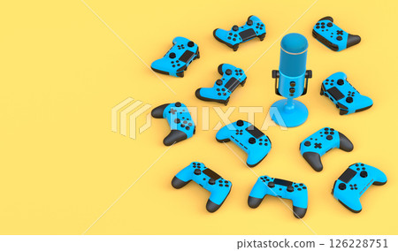 Top view gamer gears like joystick and microphone on yellow background Top view gamer gears like joystick and microphone on yellow background 126228751