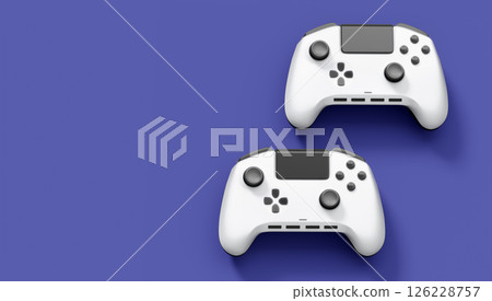 Realistic white video game joysticks or gamepads on violet background Realistic white video game joysticks or gamepads on violet background 126228757