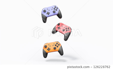 Realistic colorful video game joysticks or gamepads with color buttons on white 126228762
