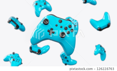 Realistic video game joysticks or gamepads rotating and falling on white 126228763