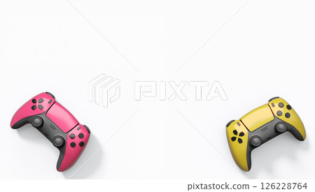 Realistic colorful video game joysticks or gamepads with color buttons on white 126228764