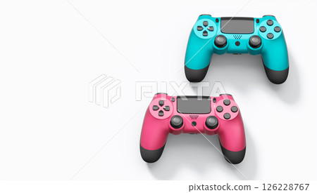 Realistic colorful video game joysticks or gamepads with color buttons on white Realistic colorful video game joysticks or gamepads with color buttons on white 126228767