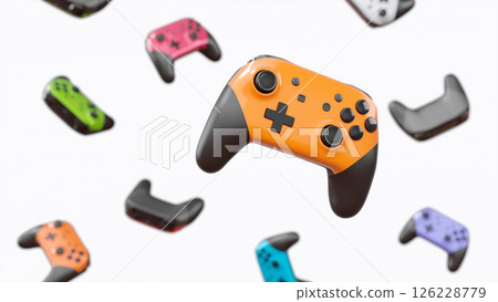 Realistic video game joysticks or gamepads rotating and falling on white Realistic video game joysticks or gamepads rotating and falling on white 126228779