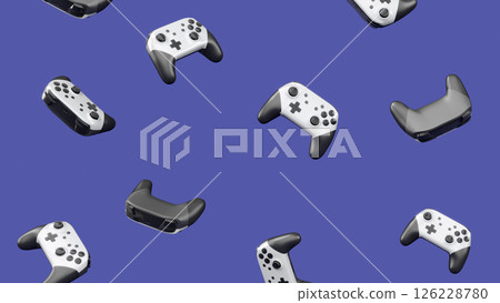 Realistic video game joysticks or gamepads rotating and falling on violet Realistic video game joysticks or gamepads rotating and falling on violet 126228780